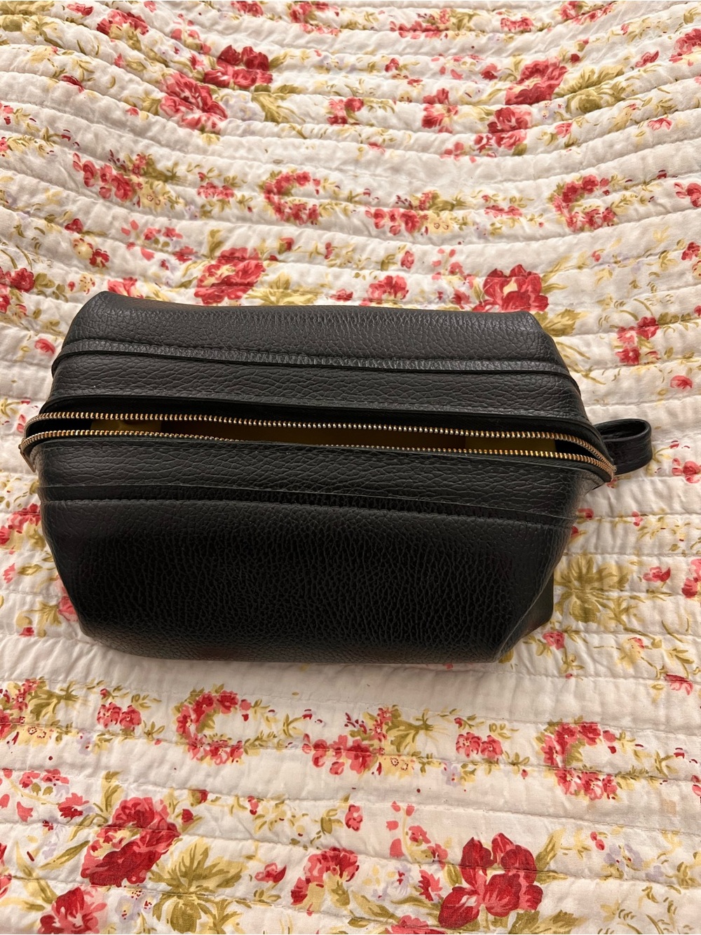 Black Pebbled Leather Dopp Kit with Gold Zipper